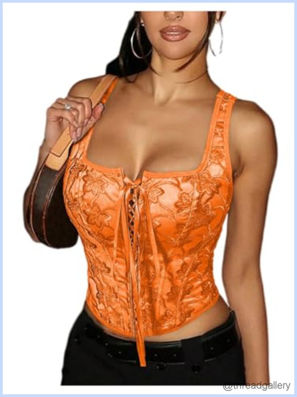 Women's Floral Lace Up Square Neck Crop Tank Top